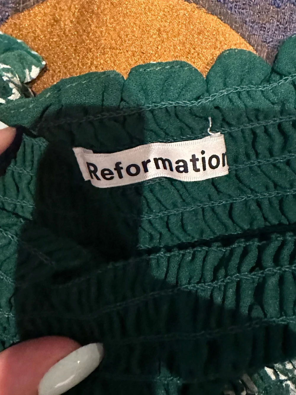 Reformation Emerald Green Smocked Long Sleeve Top